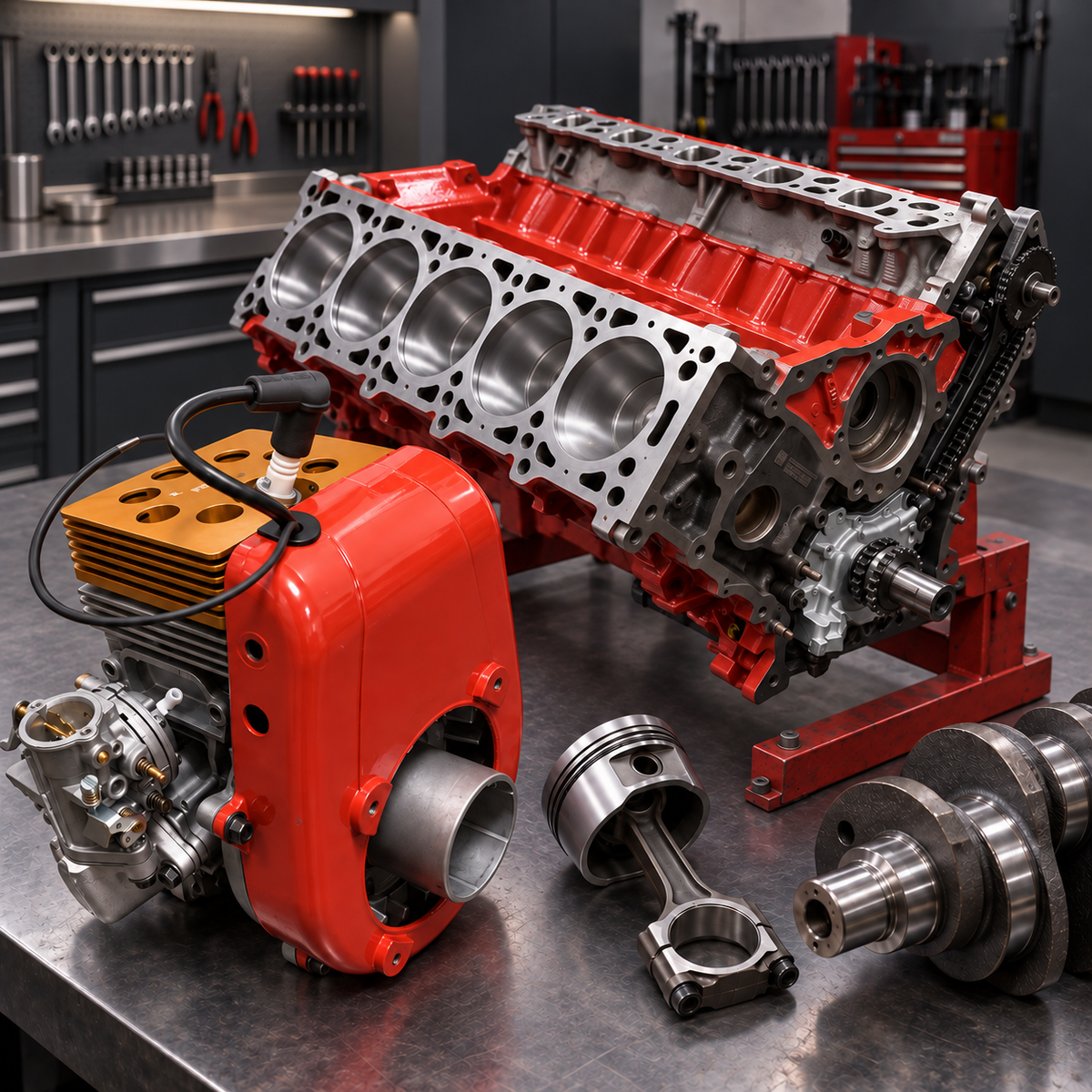 K Precision engine block and components on workbench